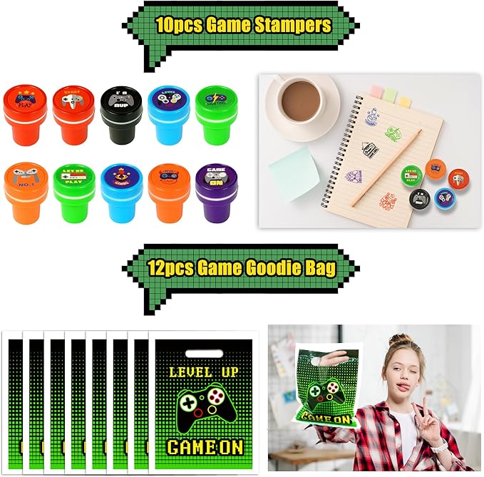 66 PCS Video Game Party Favors Video Game Theme Notepads Wristbands Stampers Keychains For Level Up Party Gamer Birthday Party Classroom Rewards Supplies