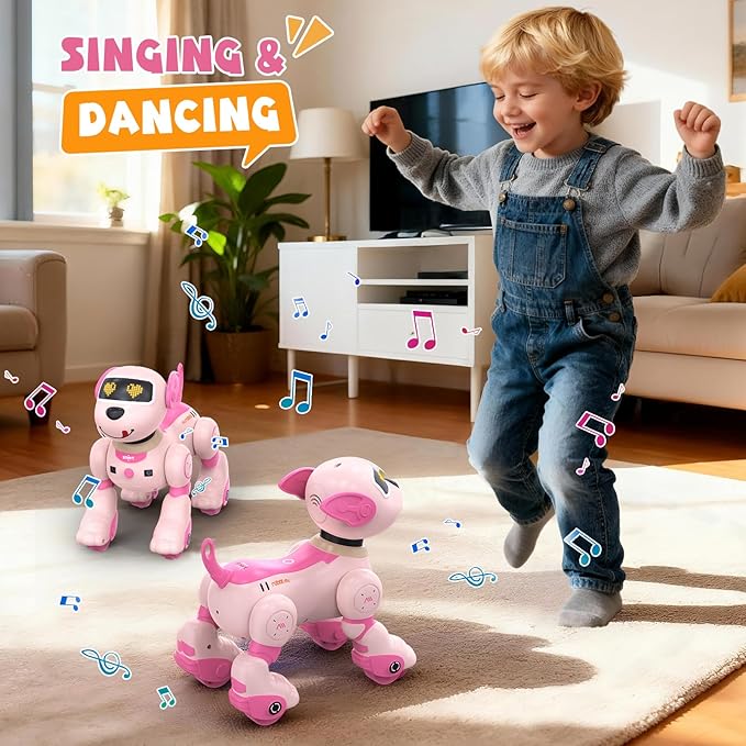 PRANITE Robot Dog, Programmable Remote Control Dog Toy for Kids with One-Key Following, Voice Control, Touch, Dance, Sing, Smart RC Stunt Puppy Toy Gift for Boys Girls (Pink)