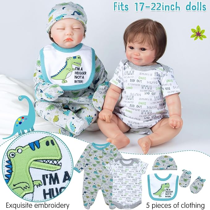 13 Pcs Reborn Baby Doll Clothes Dinosaur for 17-22 Inch Reborn Dolls Accessories Bodysuits +Bassinet+ Diaper Newborn Baby Doll Clothes Boy
