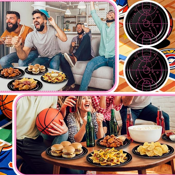 Qinyoung 100 Pcs Basketball Paper Plates 9" Disposable Birthday Party Plates Dinner Dessert Tableware Supplies for Basketball Sports Themed Birthday Game Day Party Decorations, Serves 50(Black,Pink)