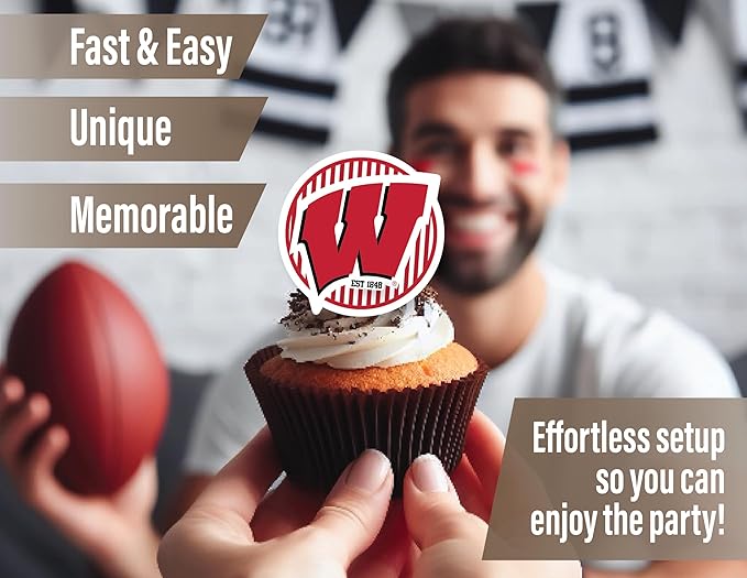 Wisconsin Cupcake Topper Party Supplies for UW Football, Birthday, Graduation Party Decorations (24 Pieces) (Wisconsin Badgers)