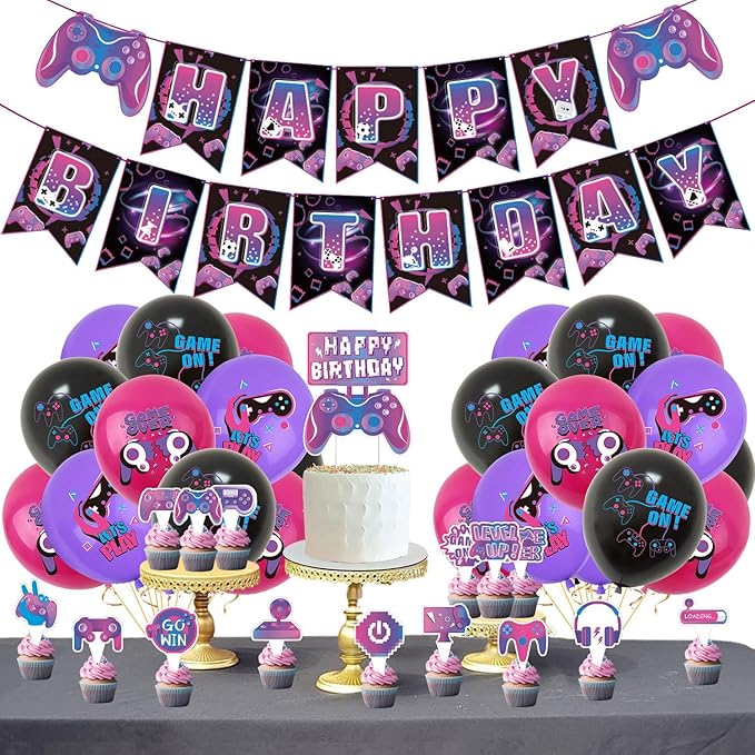 Video Game Birthday Party Decoration Set, Purple Game Birthday Party Supplies, Includes Banner Balloon Cake Decoration