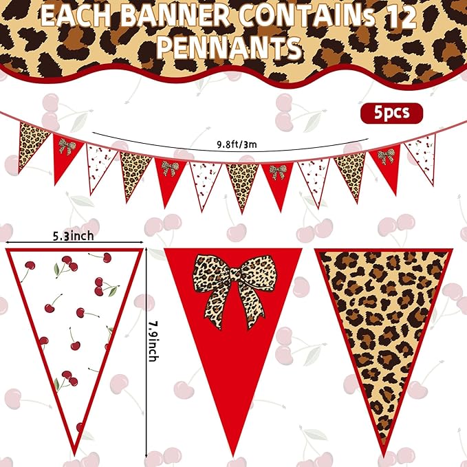 49.2 FT Leopard Party Decorations Leopard Triangle Banner Cheetah Cherry Print Theme Pennant Banner Flags Decor for Birthday Baby Shower Family Farm Glamping Camp Party Supplies 60pcs