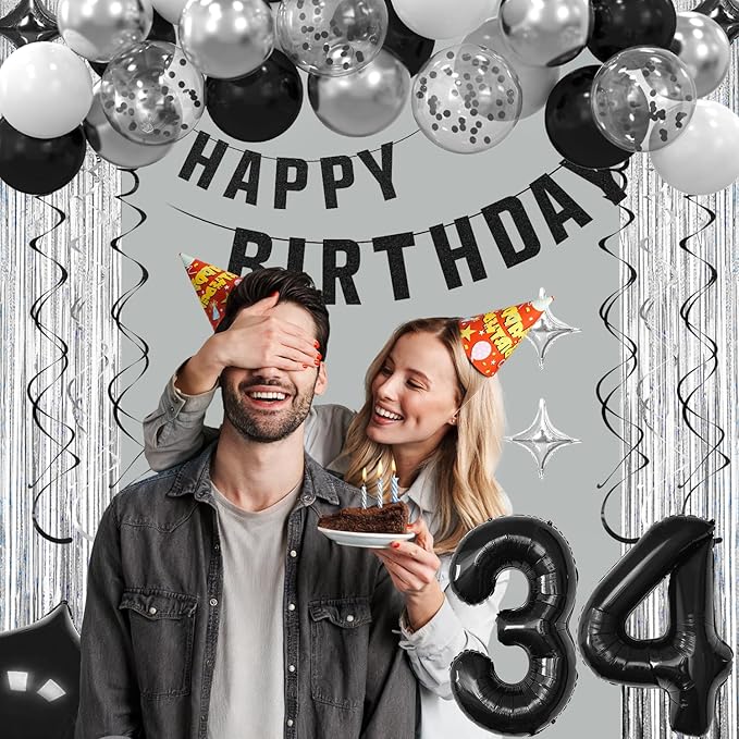 34th Birthday Decorations for Men Women- Black Silver Happy 34th Birthday Party Decor With Banner Backdrop,Number 34 Foil Balloon -Black White Balloons Garland Arch Kit for 34 Years Old