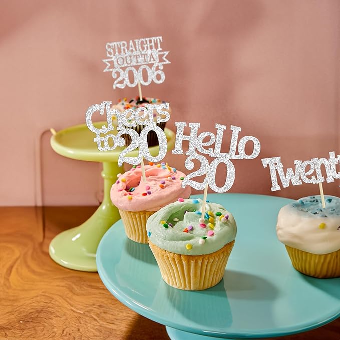 Ephlyn 24Pcs Happy 20th Birthday Cupcake Toppers Glitter Straight Outta 2006 Cupcake Picks Hello 20 Cheers to 20 Years Cake Decorations for 20th Birthday Anniversary Party Decorations Supplies Silver