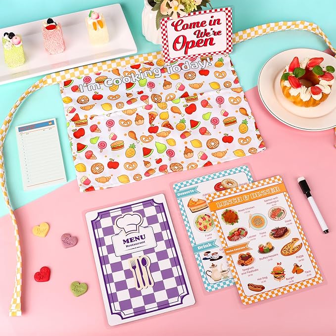 7 Pieces Restaurant Server Play Toys Set Pretend Play Restaurant Food Kids Waitress Set Pretend Restaurant Menus with Play Kitchen Dress Up Clothes for Toddler Girls Boys Party Learning Birthday Gift