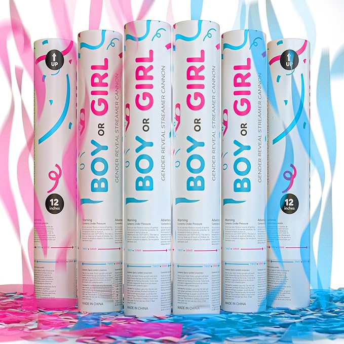 Gender Reveal Streamer Cannon | 6 Pack | 3 Blue and 3 Pink | Multicolor Streamers | Decoration for Gender Reveal Parties, Baby Showers | Launches 25 ft | 12 inch | TUR Party Supplies