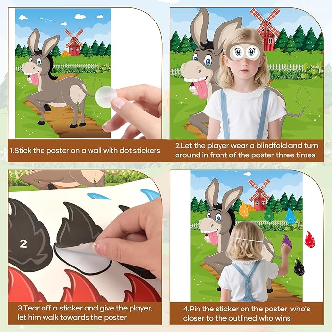 PLULON Pin The Tail on The Donkey Game for Kids with Tail Stickers, Donkey Poster Kids Pin Game Birthday Party Favors Gifts Carnival Home Wall Decorations Classroom Family Activities