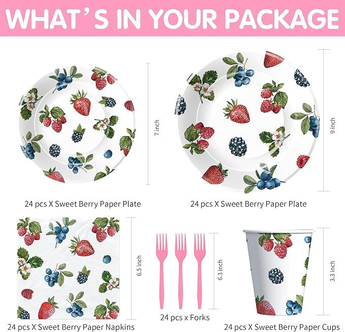 Berry Party Decorations Tableware - Blueberry Strawberry Birthday Party Supplies, Paper Plate, Cup, Napkin, Fork, Berry Sweet Birthday Baby Shower Table Decorations Dinnerware | Serve 24