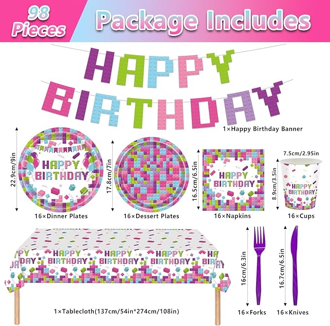 98PCS Building Blocks Birthday Party Supplies Building Blocks Party Decoration Boys Girls Colorful Building Blocks Theme Paper Plates and Napkins Tableware Set Tablecloth Banner Serve 16