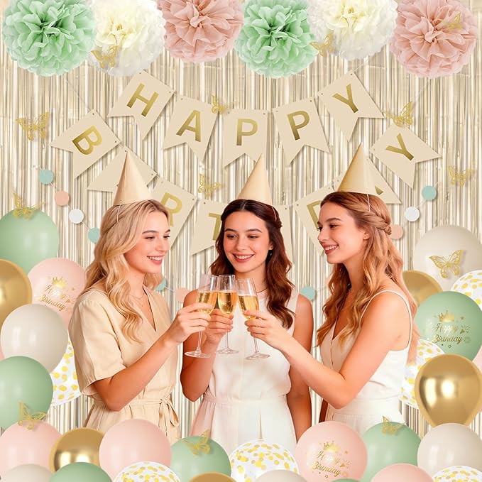 Pink and Sage Green Birthday Decorations for Women Girls, Blush Beige Sand Gold Metallic Printed Balloons Butterfly Stickers Fringe Curtain Happy Birthday Banner Circle Dot Paper Pompom Party Supplies