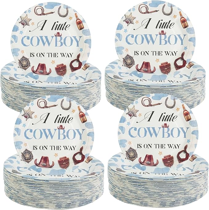 120 Pcs a Little Cowboy Is on The Way Baby Shower Paper Plates Cowboy Disposable Paper Plates Baby Shower Party Supplies for Girl Boy Spring Decoration