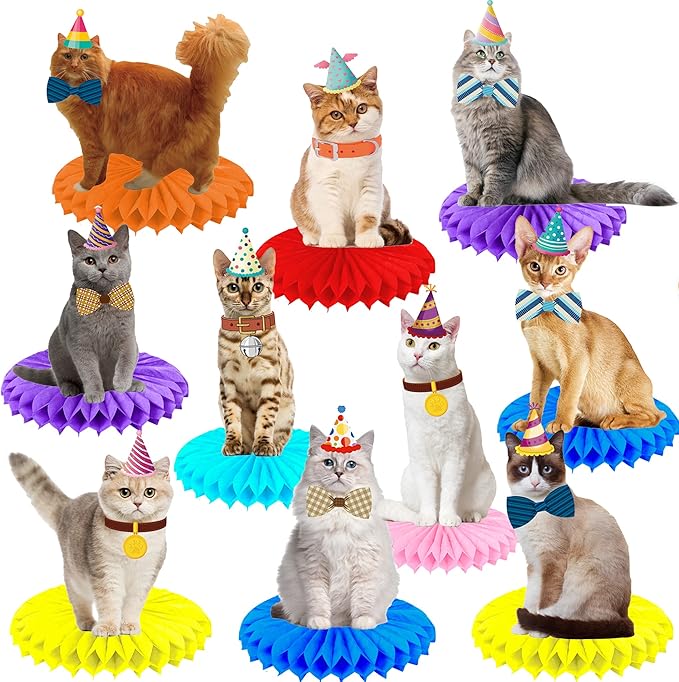 10Pcs Cat Honeycomb Centerpieces Cat Birthday Party Supplies Kitten Party Decorations Lovely Cat Decoration Table for Cat Theme Birthday Party Baby Shower Supplies