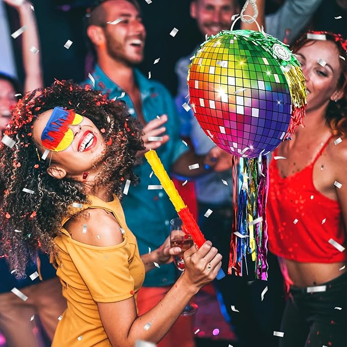 Colorful Disco Ball Pinata with Stick and Blindfold 80s 90s Theme Party Decorations Disco Pinata for Birthday Weddings Roller Skating Party Supplies