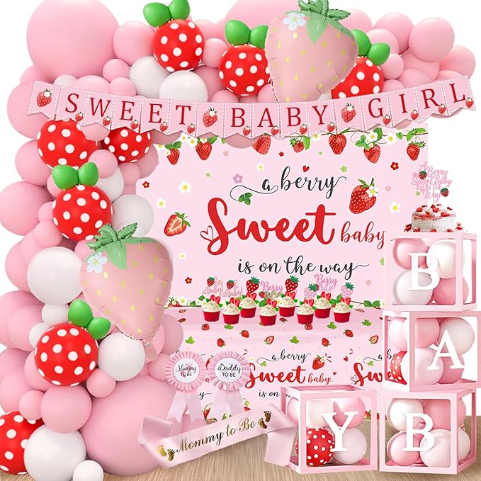 Strawberry Baby Shower Decorations, A Berry Sweet Baby Is On The Way Decorations for Girl, It's a Girl Gender Reveal, Red and Pink Backdrop Balloon Arch Box Tablecloth Cake Topper Party Decor 141pcs