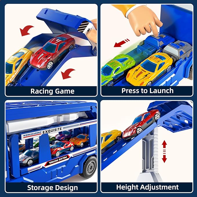 Truck Toys for Kids, Transport Vehicle with 12 Die-Cast Car, Double Race Car Track Cars Ramp Toy, Carrier Truck for Toddler 3-5, Christmas Birthday Gift for 3 4 5 6 7 8 Years Old Boys Girls