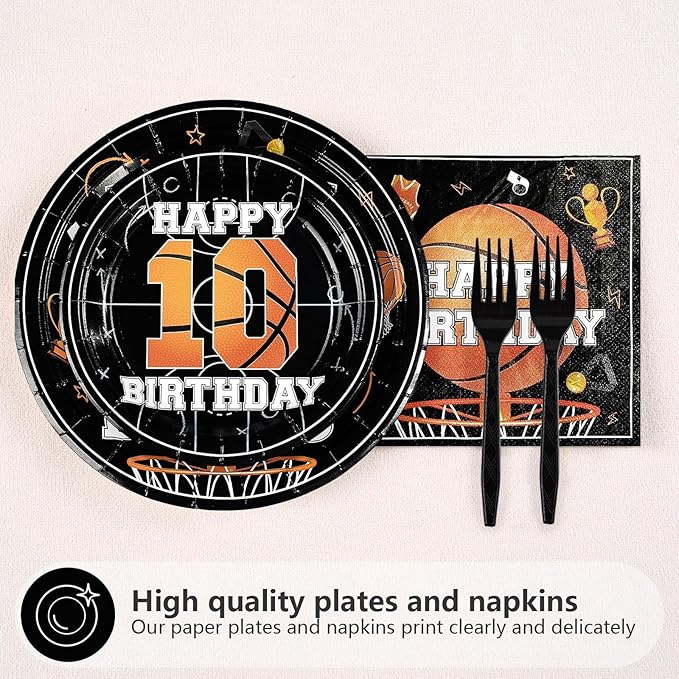96pcs 10th Birthday Party Supplies Basketball Plates and Napkins Disposable Basketball Sports Theme Tableware Set for Boys Kids 10 Years Old Happy Birthday Party Decorations, Serves 24