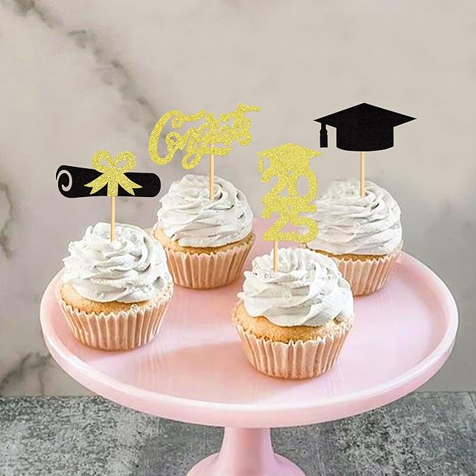 24Pcs 2025 Grad Cap Graduation Cupcake Toppers,Congrats Graduate Graduate Cap Food/Appetizer Picks For Graduation Party Mini Cake Decorations Black Gold Glitter