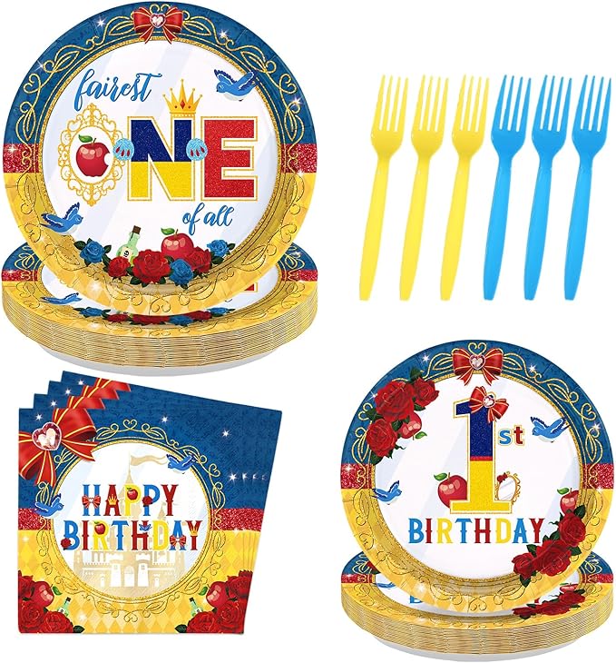 96 Pcs Snow Princess 1st Birthday Party Supplies Cartoon Snow Plates and Napkins Red Blue Yellow Tableware Set for Girls First Birthday Baby Shower Princess Theme Party Supplies, Serves 24