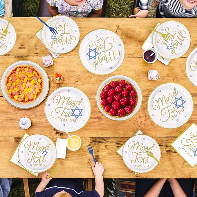 96Pcs Mazel Tov Party Decorations Congratulations Plates and Napkins Gold Blue Disposable Paper Tableware Set for Bar Mitzvah Bridal Shower Engagement Jewish Party Supplies Serves 24