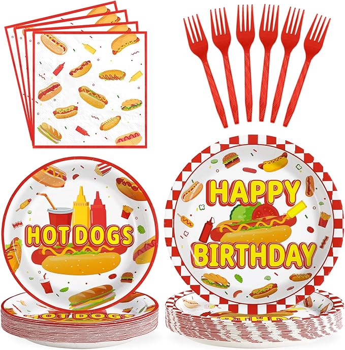 Grencian 96Pcs Hot Dog Birthday Party Supplies Fast Food Party Plates and Napkins Disposable Hotdog Birthday Decorations Tableware Set for Adults Kids Picnic Baby Shower Sausage BBQ Serves 24