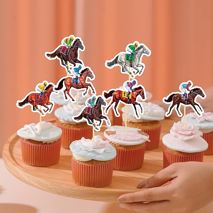 36 PCS Derby Cupcake Toppers, 12 Style Derby Party Decorations, Race Horse Cupcake Toppers Run for the Rose Toothpicks, Run for the Roses Theme Horse Decorations Horse Party Supplies