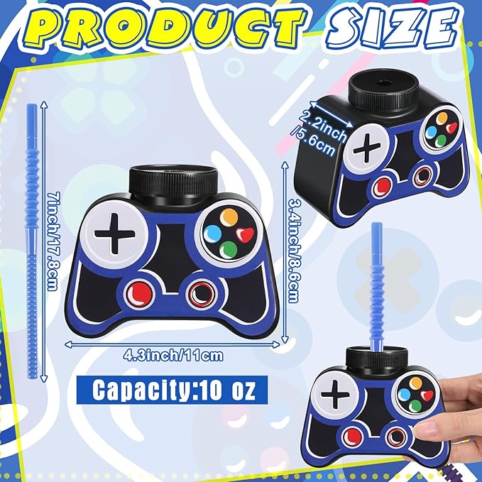 Mifoci 12 Pcs Plastic Video Game Party Cups with Straw and Lid 10oz Gamer Birthday Themed Drink Cups 7th Video Game Party Favors for Kids Toddlers Gamer Birthday Supplies (Blue)