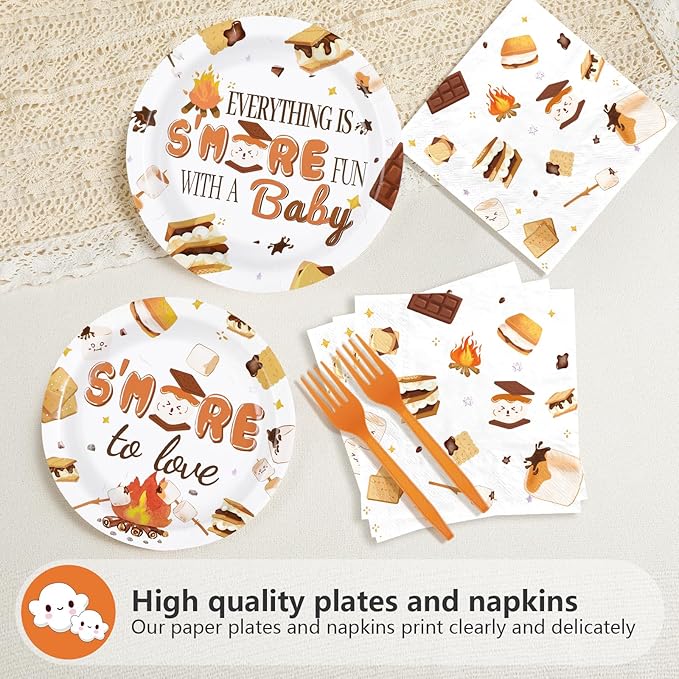 96Pcs S'mores Camping Baby Shower Decorations Everything is S’More Fun with a Baby Plates and Napkins Camping Theme Tableware Set for S’more to Love Kid Camper Campfire Bonfire Party Supplies Serves24