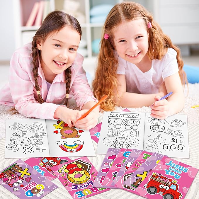 Valentine’s Day Coloring Books for Kids - 24Pcs Bulk Christian Theme Mini Coloring Booklet DIY Art Drawing Book for Toddlers Valentine Birthday Party Goodie Bags Stuffers Sunday School Classroom Favor