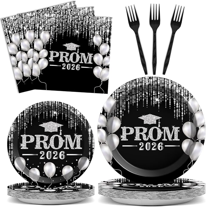96PCS Prom Night 2026 Party Tableware Set Black Silver Graduation Party Supplies Congrats Class of 2026 Party Disposable Dinnerware Plates Napkins Forks for Graduation Celebration Favors