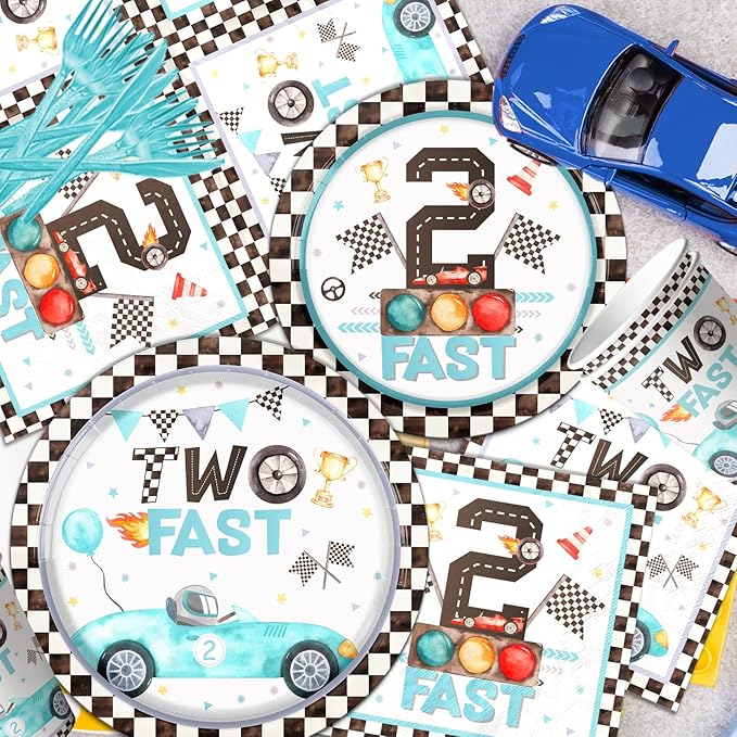 142pcs Two Fast Birthday Party Tableware Decorations for Boys Blue Race Car Checkered Flags Racing Wheel Disposable Plates,Tablecloth,Napkins,Cups,Forks and Knives for