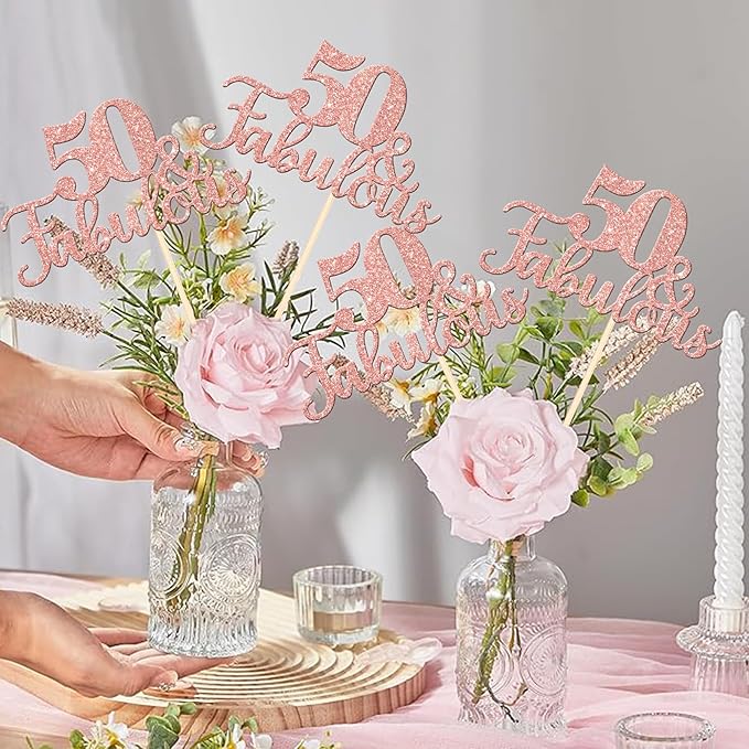 12 PCS 50 and Fabulous Centerpiece Sticks Double Sided Happy 50th Birthday Table Flower Centerpieces Sticks Cheers to 50 Floral Decorations for 50th Birthday Anniversary Party Supplies Rose Gold