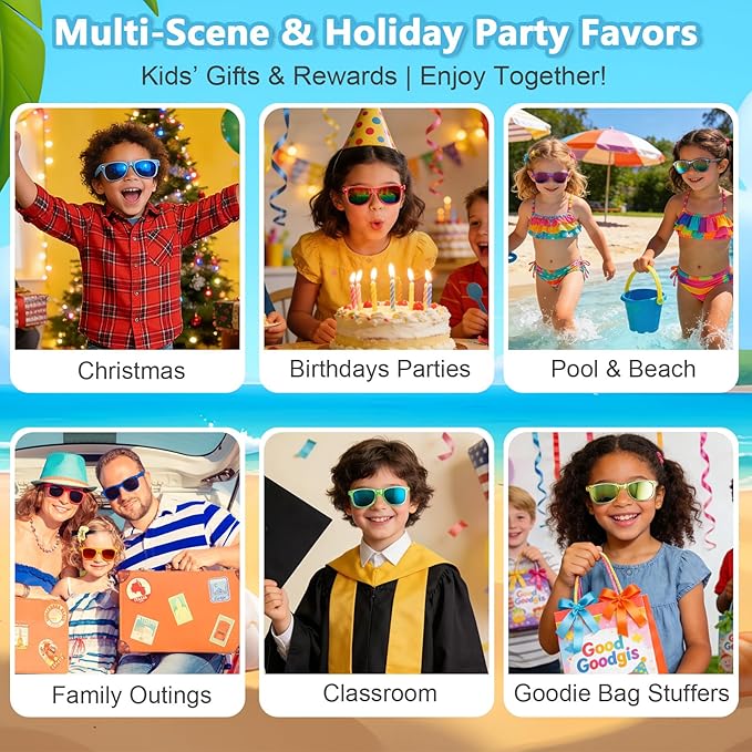Kids Sunglasses Bulk Party Favors, Neon Polarized UV400 Protection for Boys Girls Ages 3-8, Goodie Bags Stuffers for Birthday Valentine Beach Pool & Classroom Party Supplies (24 Packs)