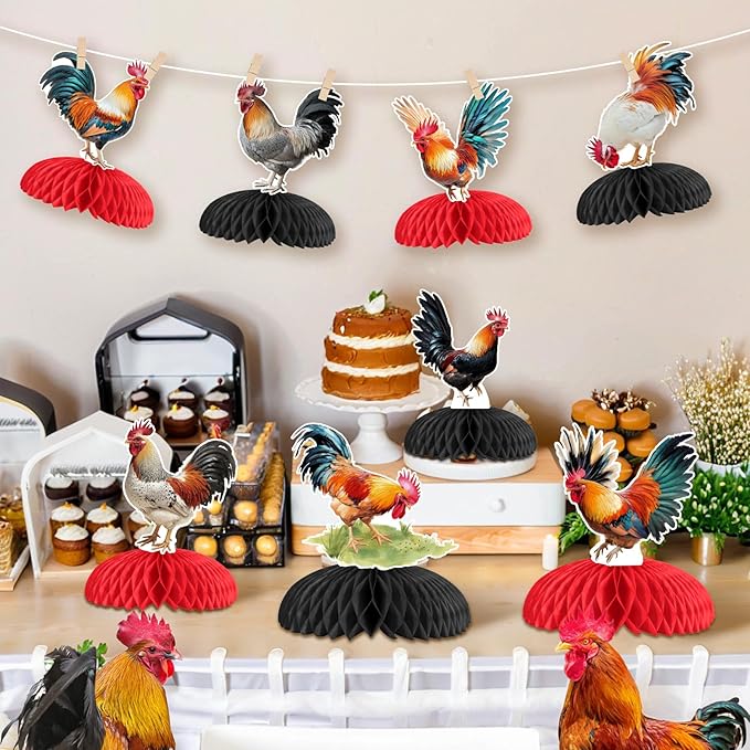 JOYMEMO 8 Pieces Rooster Honeycomb Centerpieces for Tables - Chicken Farm Theme Birthday Decorations, Chick Backyard Table Toppers for Rooster Party Supplies