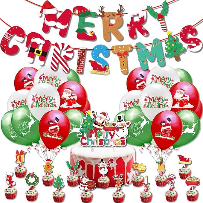 43Pcs Christmas Party Decorations Snowman Santa Claus Party Supplies 1 Pcs Merry Christmas Banner 24Pcs Red Green Balloons 2Pcs Ribbons and 16 Pcs Cupcake Toppers for Party Indoors Decor