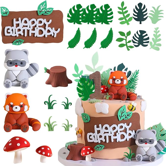 Knana 22Pcs Red Panda Cake Toppers Woodland Animal Cake Decorations with Panda Mushroom Cake Decorations for Baby Shower Birthday Party Supplies