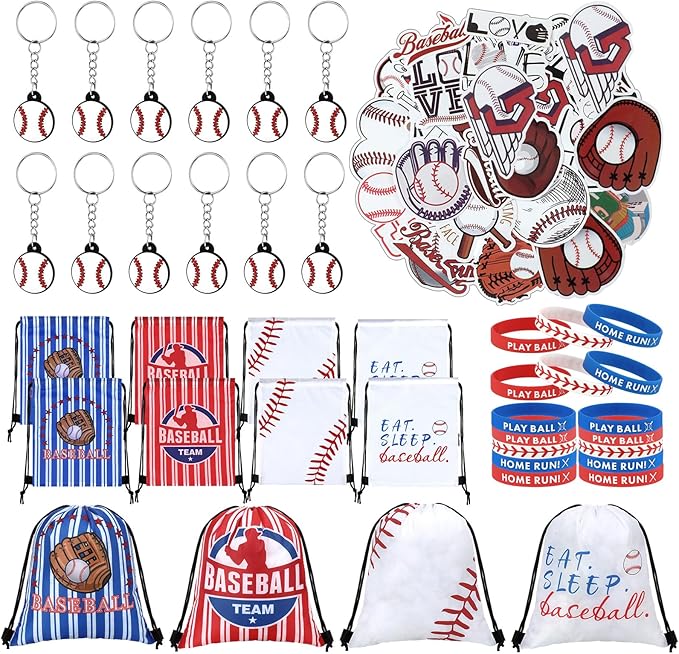 WILLBOND 86 Pcs Baseball Party Favors Goodie Bags Fillers 12 Drawstring Bags 12 Keychains 12 Wristbands 50 Stickers for Baseball Themed Birthday Party Supply Team Gifts