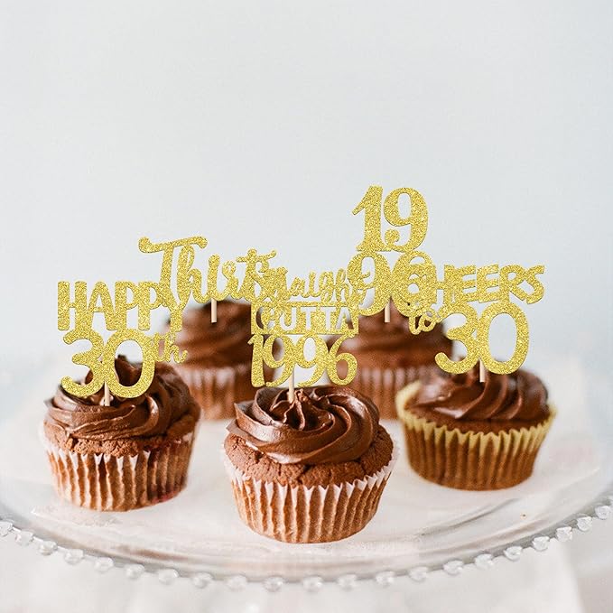 30PCS Straight Outta 1996 Cupcake Toppers Gold Glitter Thirty Happy 30th Birthday Cupcake Picks Cheers to 30 Years Cake Decorations for 30th Birthday Anniversary Party Decoration Supplies