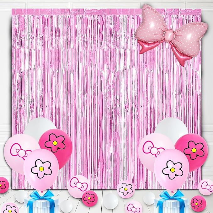 23Pcs Cartoon Cat Birthday Decorations, Pink 3.3x8.2ft Tinsel Foil Fringe Curtains Banners and Cute Bow tie Balloons for Cute Cat Theme Birthday Party Decorations Boys and Girls Party Supplies