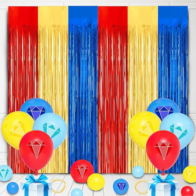 24Pcs Cartoon Hedgeho Birthday Party Decorations, Red Blue Yellow 3.3x8.2ft Tinsel Foil Fringe Curtains Banner and Balloons for Anime Theme Birthday Decorations Boys and Girls Party Supplies
