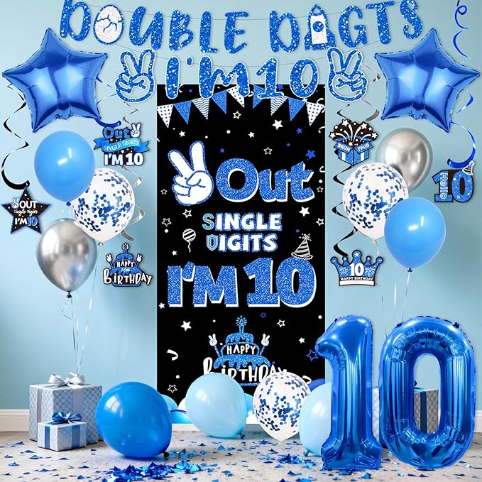 10th Birthday Decorations for Boys Blue, Double Digits Birthday Party Supplies with Out Single Digits I'm 10 Backdrop Balloons Glitter Banner for 10 Year Old Birthday Decoration
