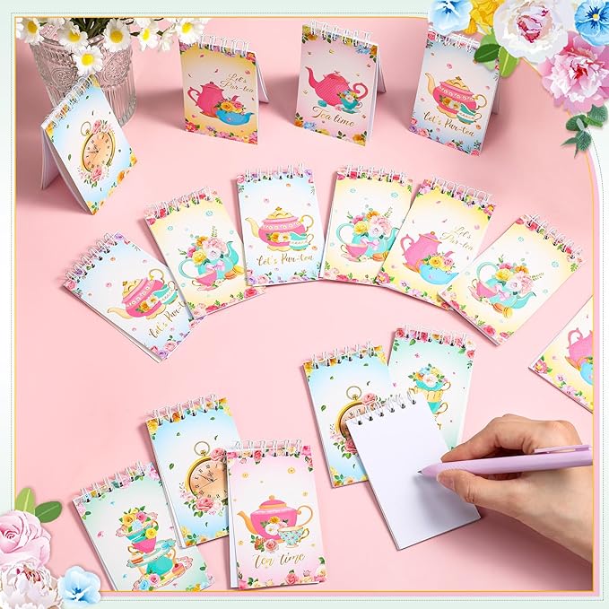 Faccito 24 Pcs Mini Tea Notebook Floral Tea Mini Notepad Party Favors Teapot Party Small Spiral Pocket Notebooks Floral Teapot Time Notepad Memo Spiral Notebooks for Birthday Classroom Reward Supplies
