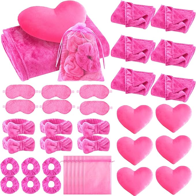 36 Pcs Sleepover Party Supplies for Girl Spa Slumber Birthday Favors Throw Blanket Pillow Eye Mask Headband Scrunchies (Solid Color,Hot Pink)