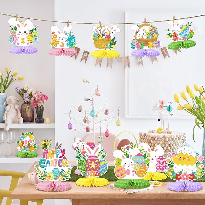 Tarklanda 12 Pcs Baby Shower Honeycomb Centerpieces 3D Easter Table Topper Honeycomb Decoration for Birthday Wedding Spring Party Supplies (Colorful Easter Bunny)
