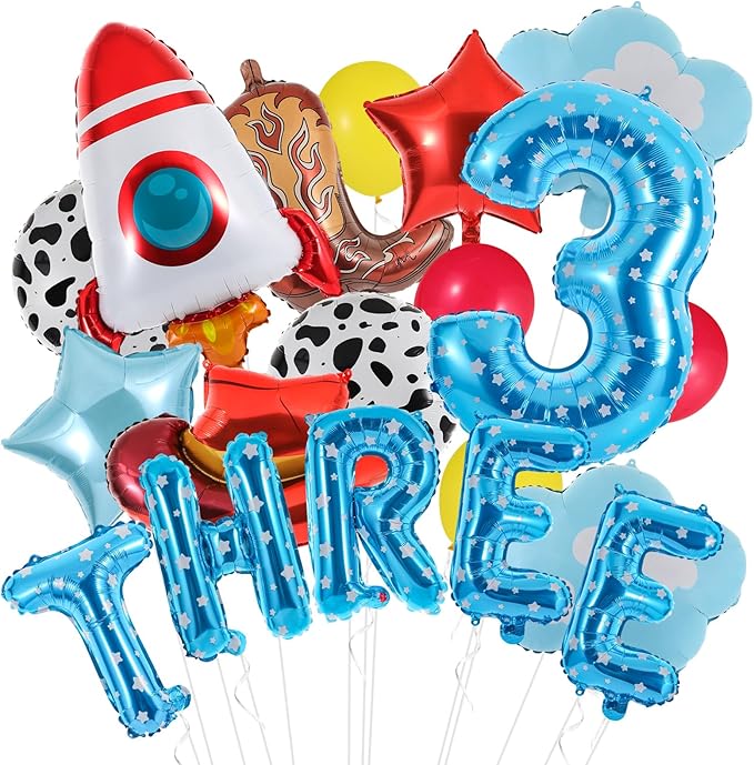 19Pcs Toy Themed Party Decorations Cartoon 3rd Birthday Decorations Blue Sky White Clouds Cowboy Hat Boots Rocket Balloons Toy Inspired Third Birthday Party Supplies