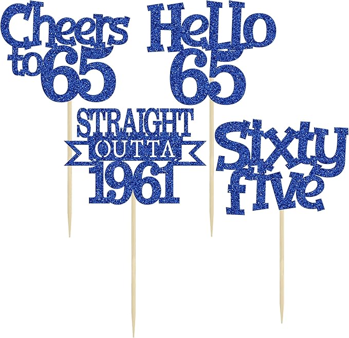 Ephlyn 24Pcs 65th Birthday Cupcake Toppers Glitter Straight Outta 1961 Cupcake Picks Hello 65 Cheers to 65 Years Cake Decorations for 65th Birthday Anniversary Party Decorations Supplies Blue