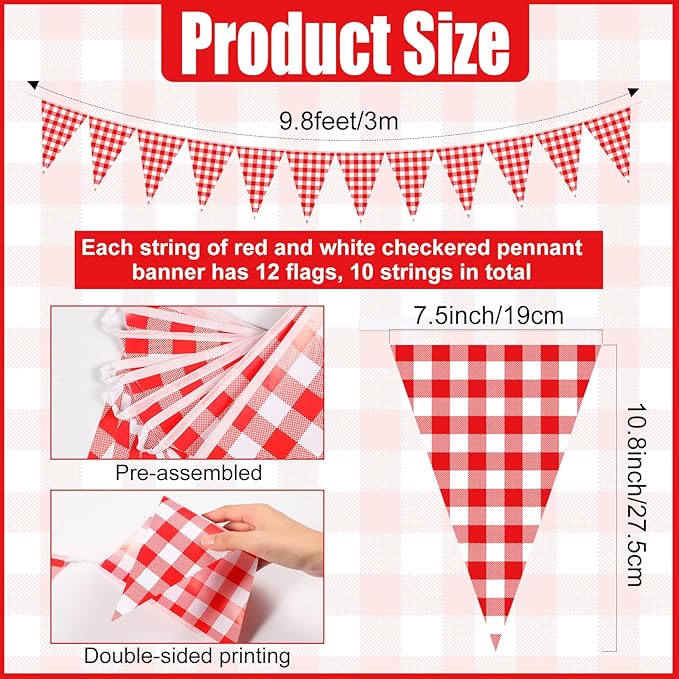 Boao 10 Strips Red and White Checkered Banner 98 ft Gingham Pennant Banner Flag Paper Pennant for BBQ Picnic Carnival Theme Birthday Wedding Pizza Festivals Party Decorations Outdoor Home Decor