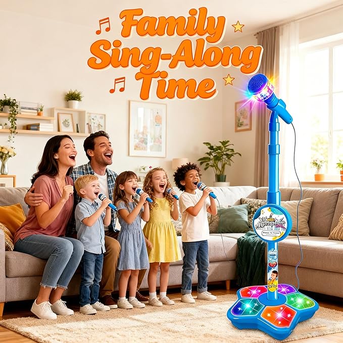 Karaoke Machine Toy with Light, Kids Karaoke Microphone with Stand, Adjustable Stand, Built-in Music, Colorful Lights, and Echo Effects, Birthday for Girls Boys (Black)