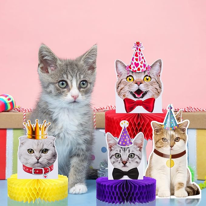 Teling 9 Pcs Cat Themed Honeycomb Centerpieces Cat Birthday Party Decorations Kitten Party Supplies Cake for Kids Baby Shower Birthday Supplies