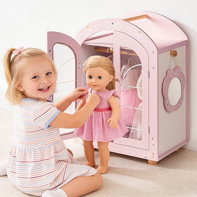 ROBOTIME 18 Inch Doll Closet, Wooden Doll Furniture Wardrobe with Mirror & Hangers, Pink Doll Clothes Storage Armoire, Doll Furniture for 18 Inch Dolls